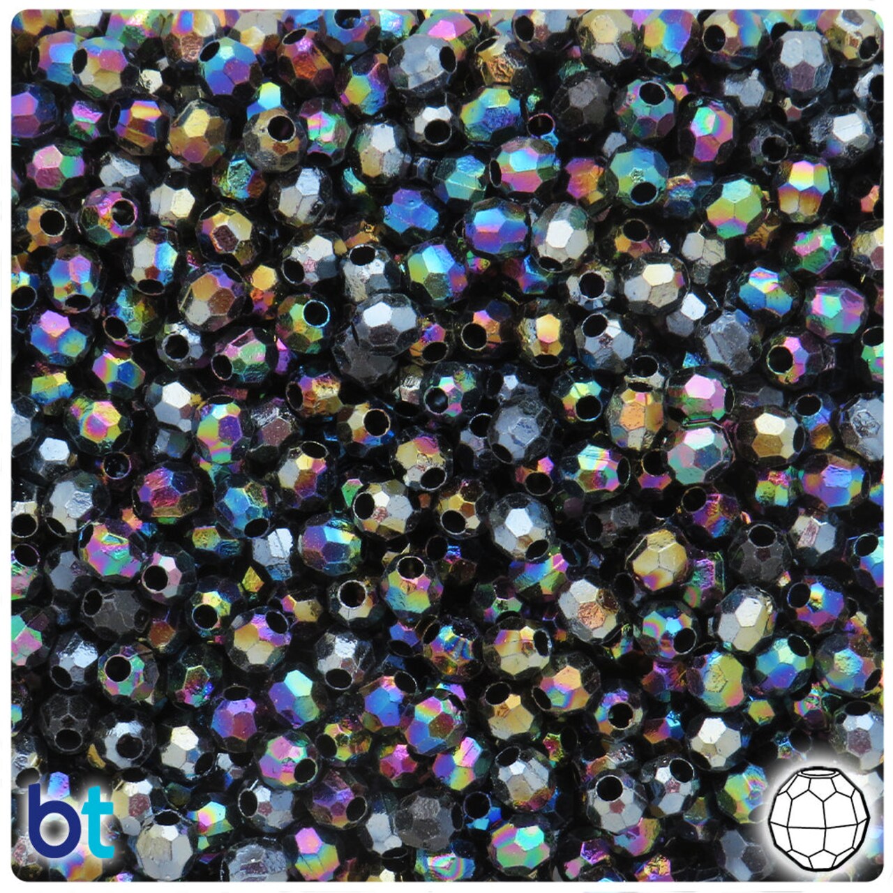 BeadTin Black Opaque AB 6mm Faceted Round Plastic Craft Beads (500pcs)